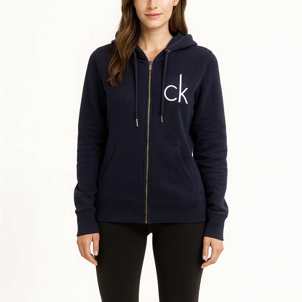 Calvin Klein Size Small Navy Blue Full-Zip Hooded Sweatshirt.